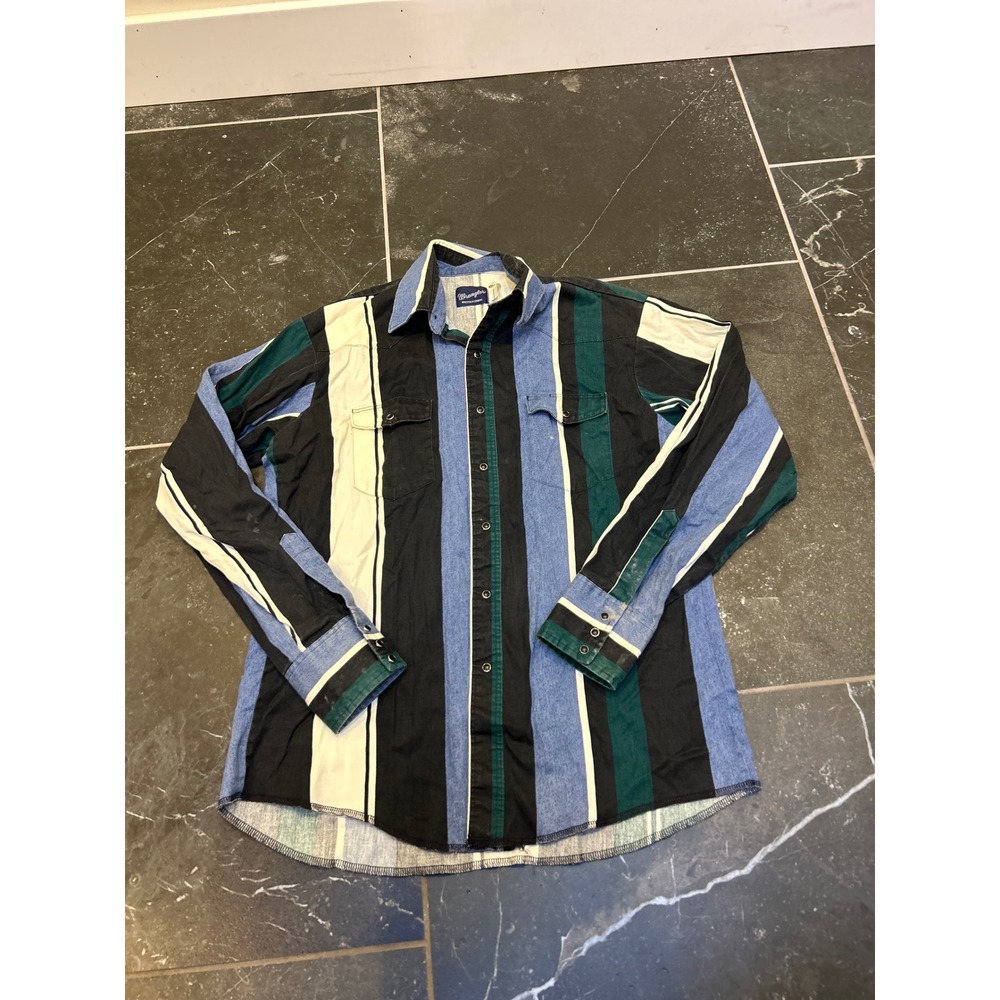 Wrangler Western Shirt Mens Large Blue Green Stripe Long Sleeve Cotton M130291A